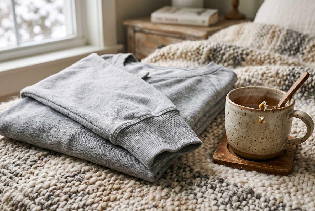 Manche longue à poignet côtelé d'une chemise de nuit en jersey gris chiné, pliée sur un plaid en laine près d'une tasse de tisane