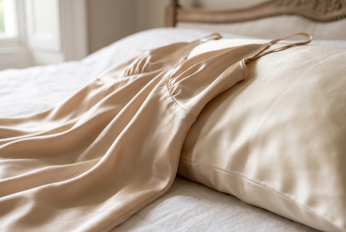 Plis d'une chemise de nuit en satin champagne drapée près d'une taie d'oreiller en soie, reflets doux à la lumière latérale