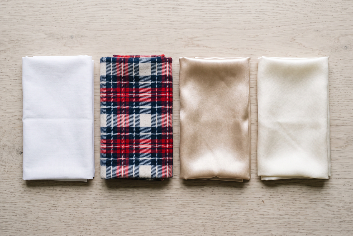 Quatre tissus de chemise de nuit pliés côte à côte : coton blanc, flanelle à carreaux, satin champagne et soie ivoire sur un plateau en chêne clair