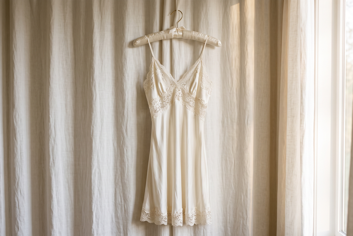 Chemise de nuit en soie ivoire bordée de dentelle fine, suspendue à un cintre devant un rideau en lin à la lumière dorée