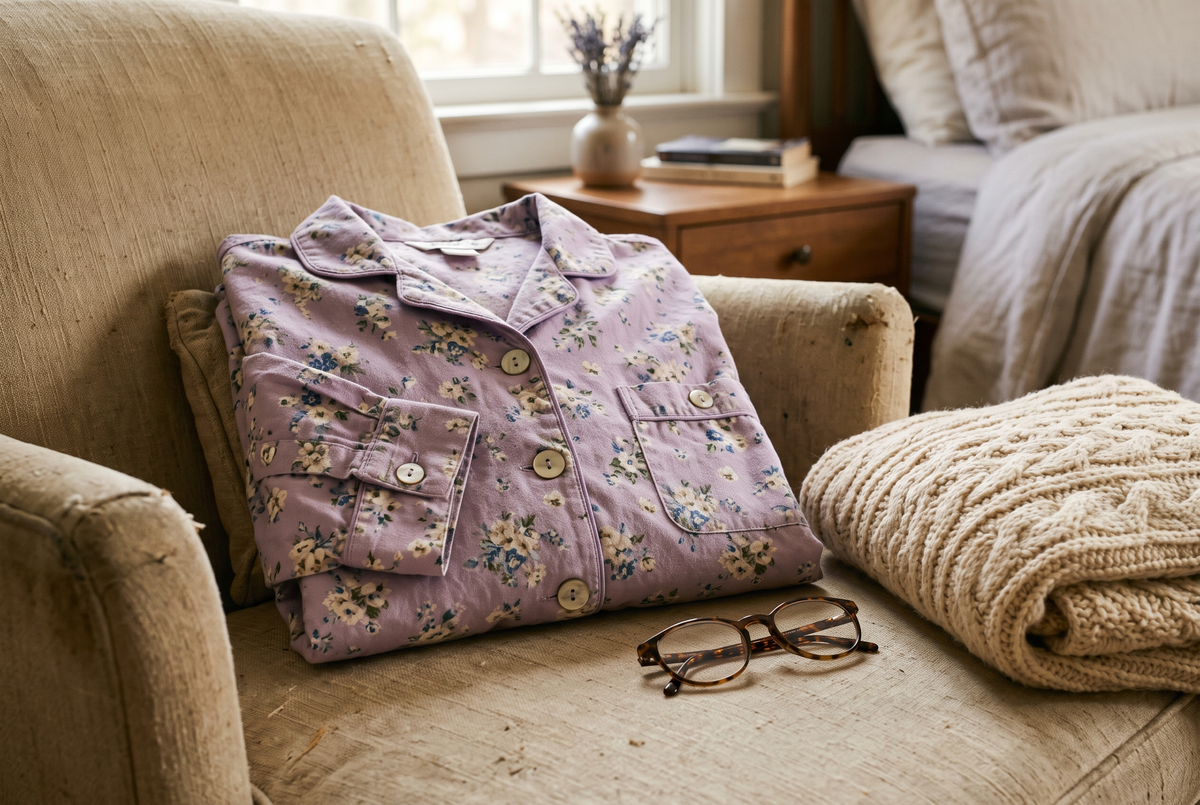 Chemise de nuit en coton fleuri lilas à gros boutons et poche plaquée, posée sur un fauteuil près d'une paire de lunettes et d'un châle tricoté Image