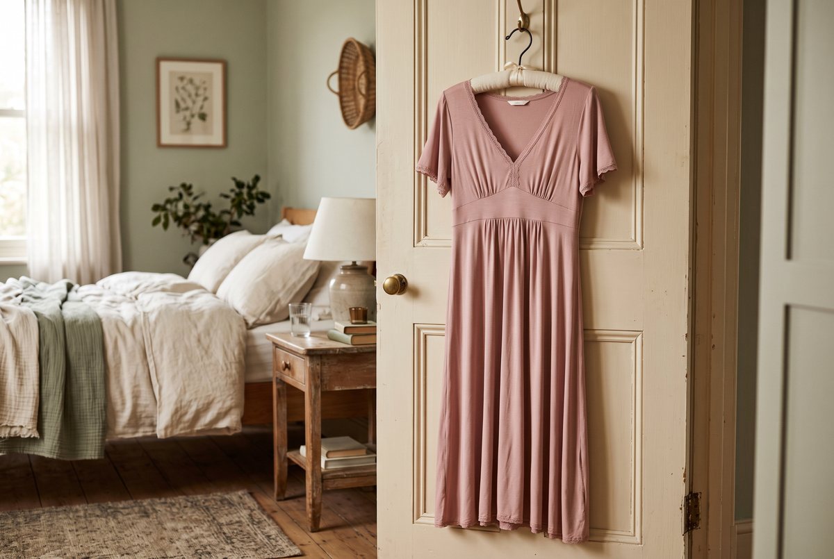 Chemise de nuit fluide coupe empire en jersey de modal vieux rose, suspendue à un cintre rembourré sur une porte de chambre