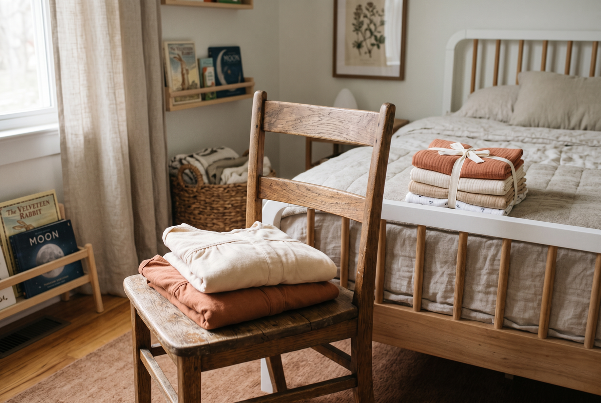 Deux chemises de nuit en coton terracotta et crème pliées sur une chaise en bois près d'un lit, à côté d'une petite pile de langes