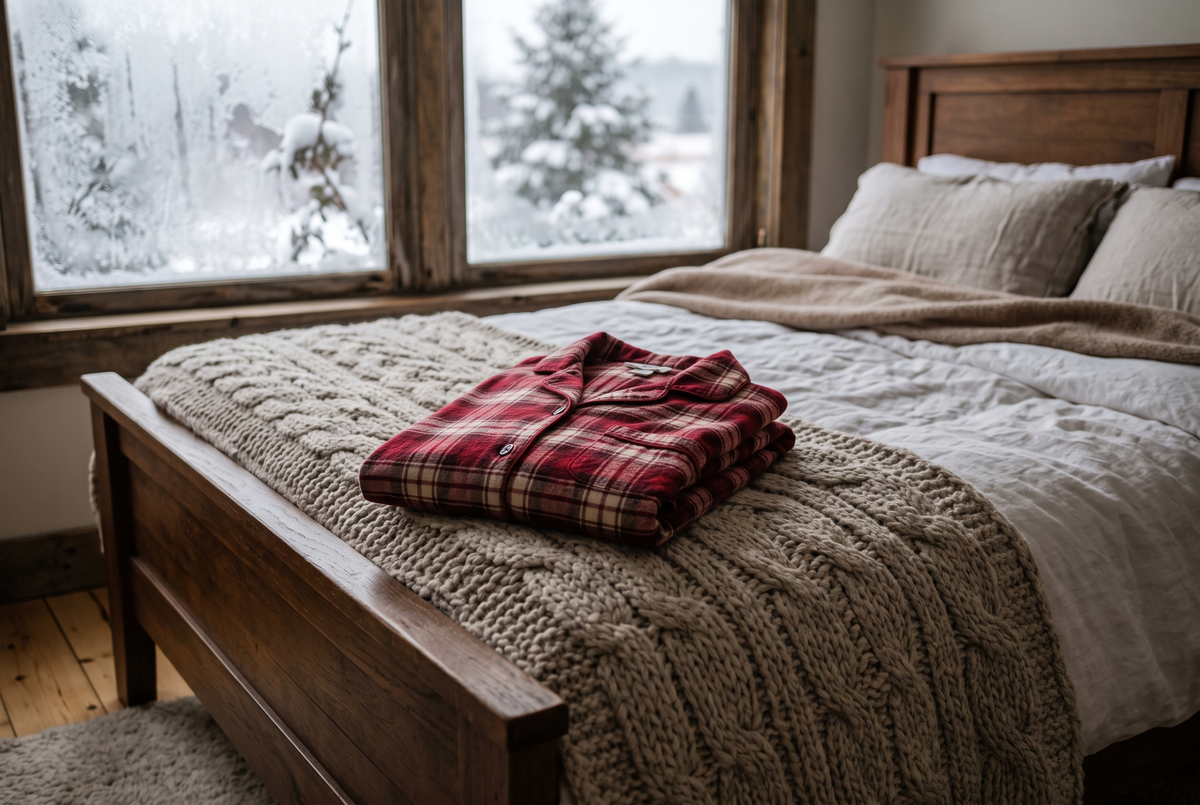 Chemise de nuit en flanelle à carreaux rouge et crème pliée sur un plaid tricoté au pied d'un lit, fenêtre givrée en arrière-plan Image