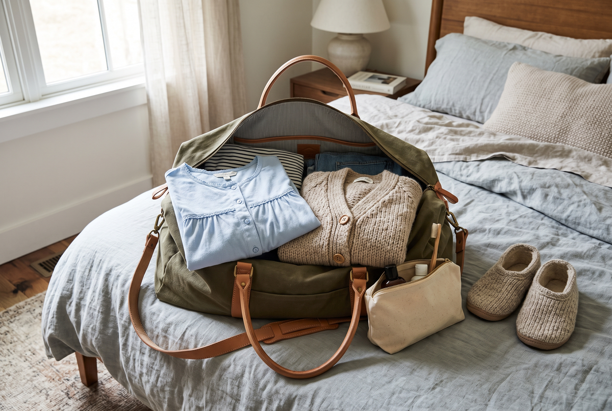 Sac de voyage ouvert sur un lit avec une chemise de nuit boutonnée en coton bleu pâle pliée, un gilet, des chaussons et une trousse de toilette Image