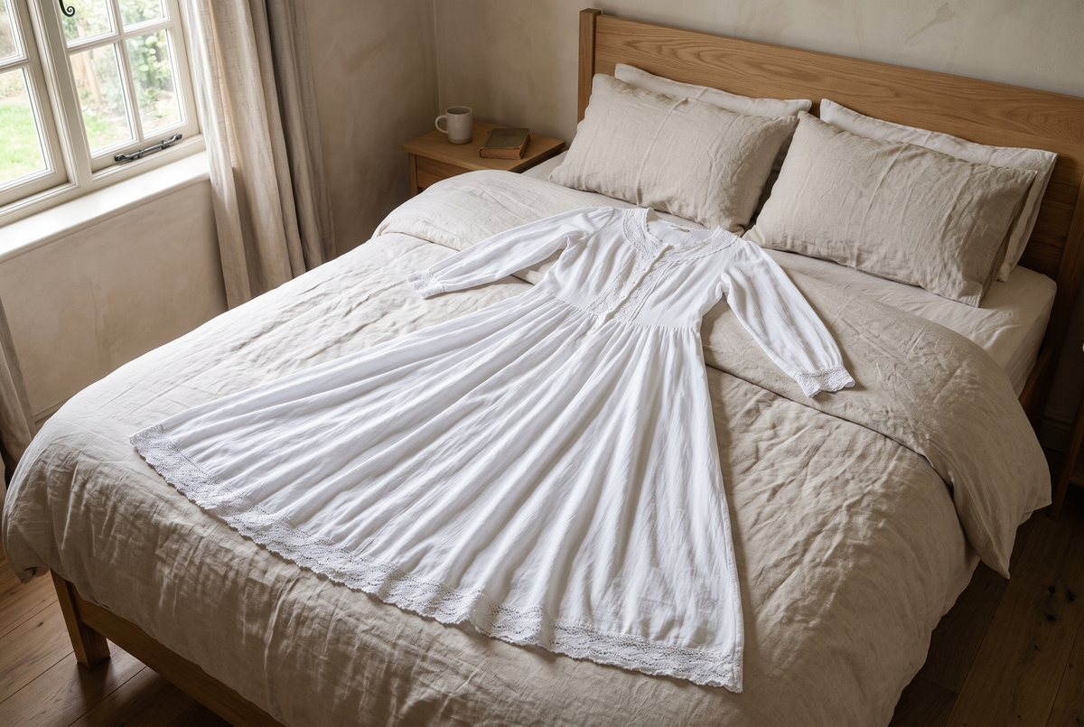 Chemise de nuit longue en coton blanc à bas évasé, posée à plat sur un lit en lin à la lumière du matin