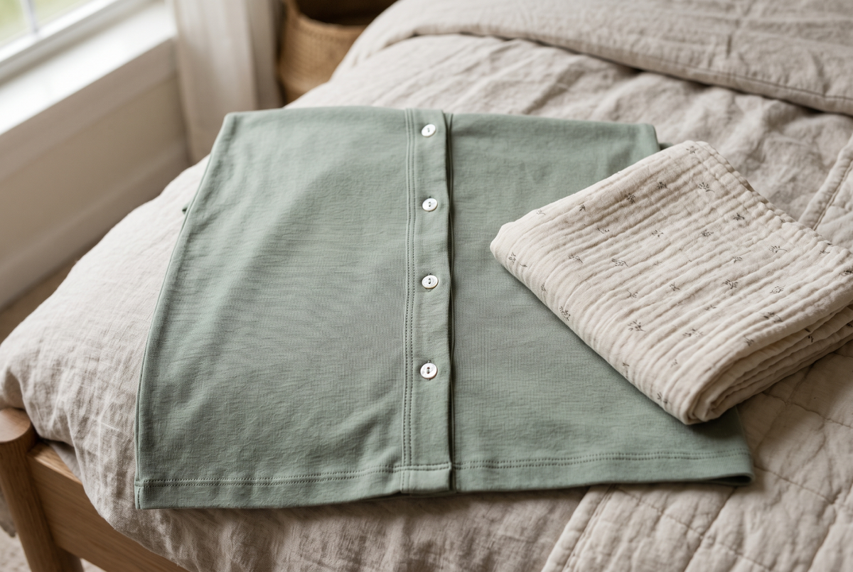 Patte boutonnée à boutons plats d'une chemise de nuit d'allaitement en jersey vert sauge, posée près d'un lange en mousseline plié Image