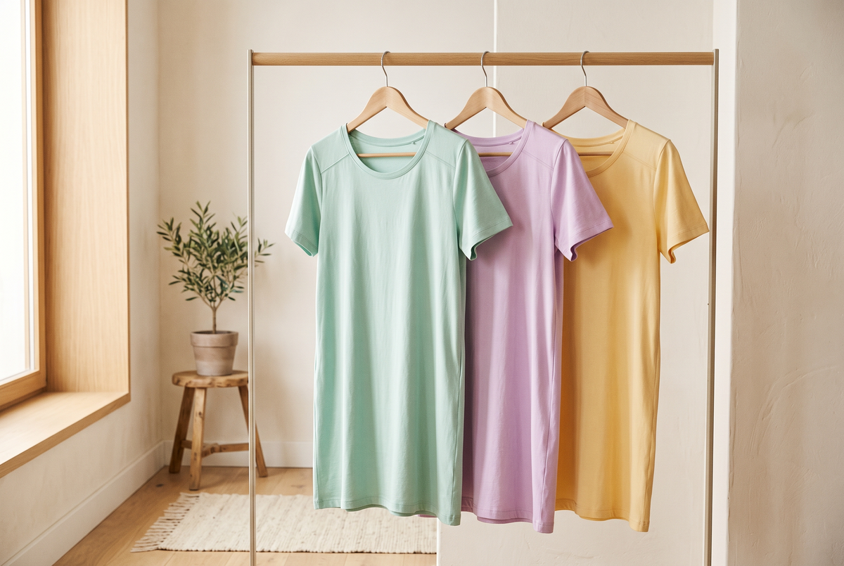 Trois chemises de nuit simples en jersey de coton vert menthe, lilas et jaune pâle suspendues sur un portant dans une pièce lumineuse Image