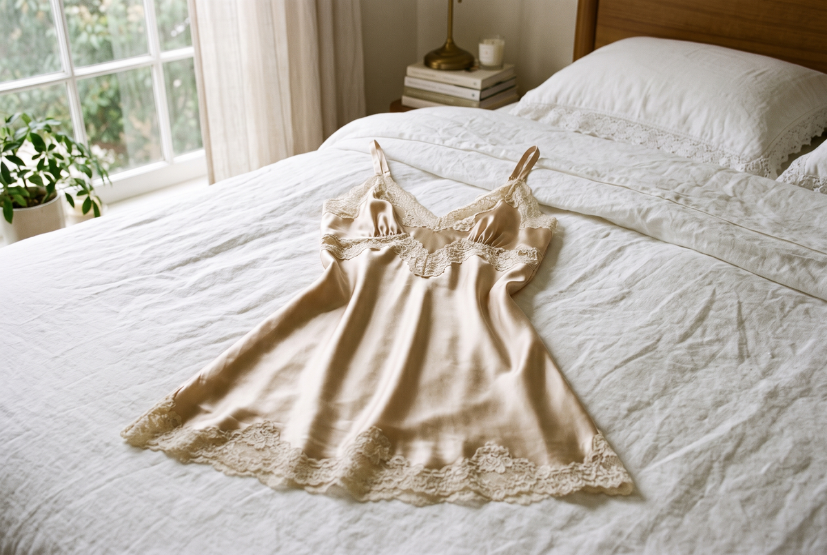 Chemise de nuit en satin couleur champagne bordée de dentelle, posée à plat sur un lit aux draps blancs dans la lumière du matin