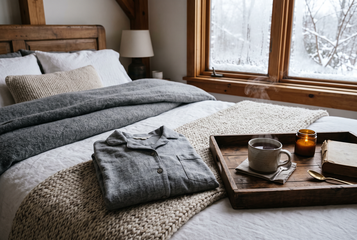 Chemise de nuit chaude en flanelle grise à manches longues pliée sur un plaid en laine au pied du lit, avec une tasse de thé fumante Image