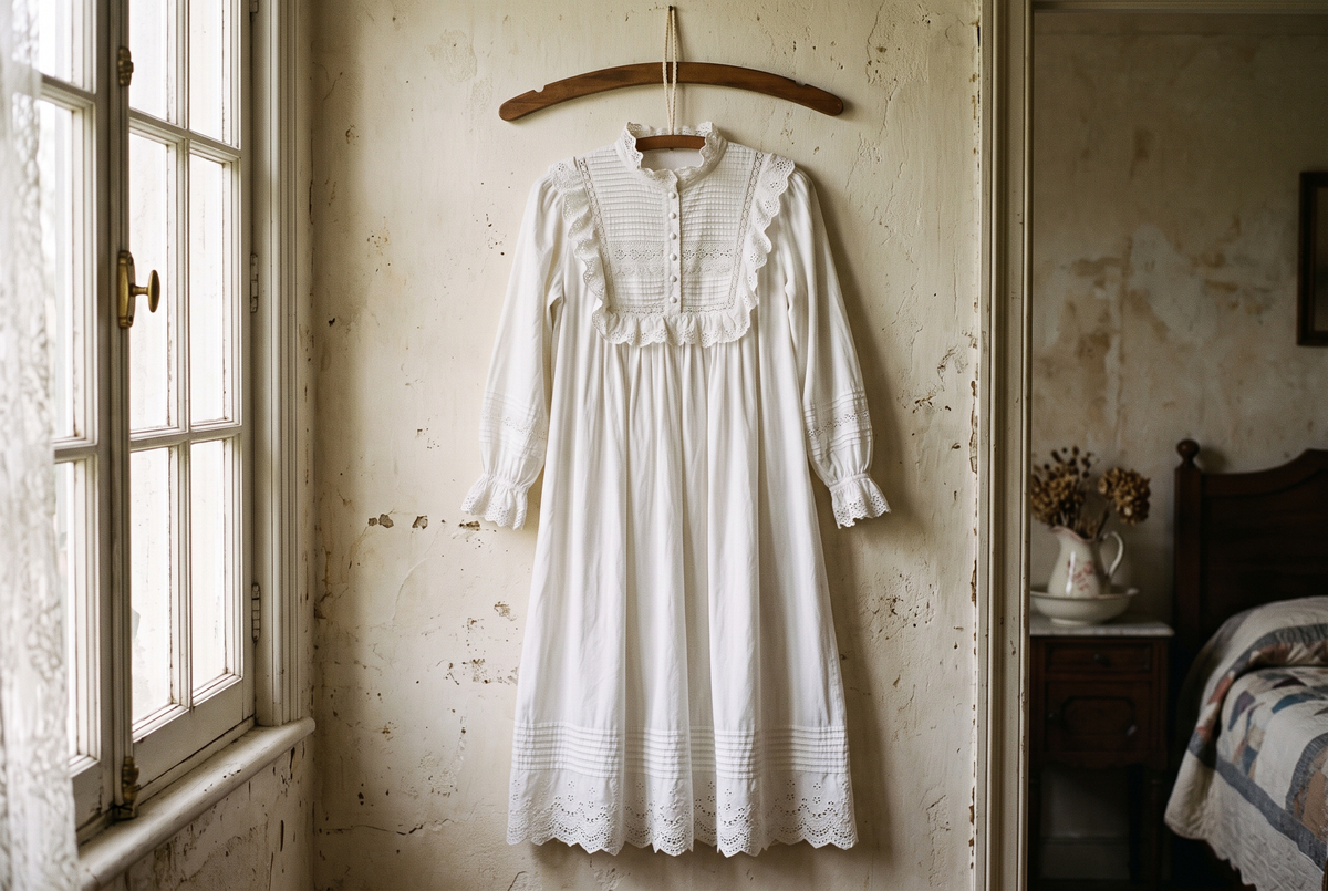 Longue chemise de nuit blanche de style victorien à col volanté et plastron nervuré, suspendue à un cintre en bois contre un mur crème