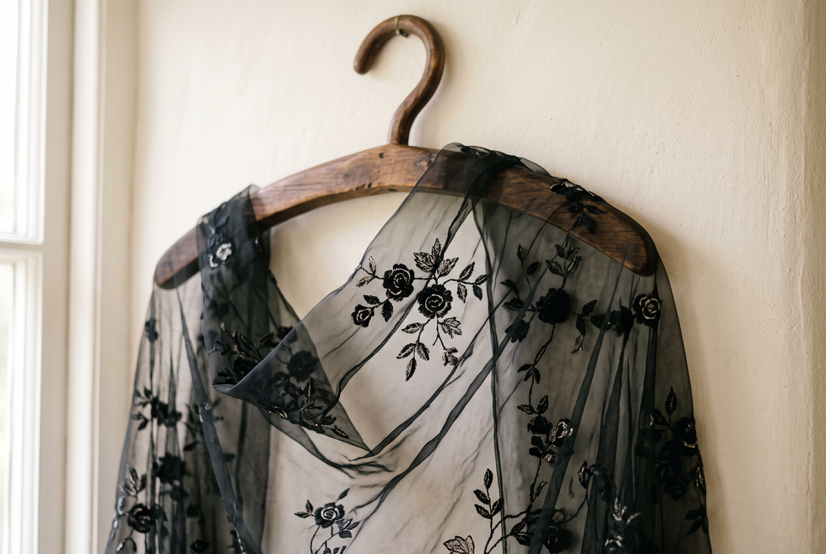 Détail d'une nuisette en voile noir brodé de motifs floraux, suspendue à un cintre en bois devant un mur blanc cassé Image