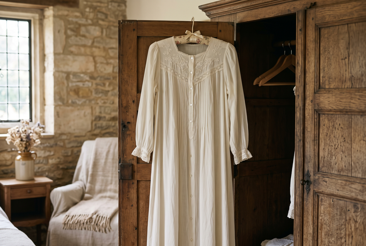 Chemise de nuit en soie ivoire à décolleté de dentelle pliée dans une boîte cadeau ouverte, à côté d'un vase de pivoines blanches Image