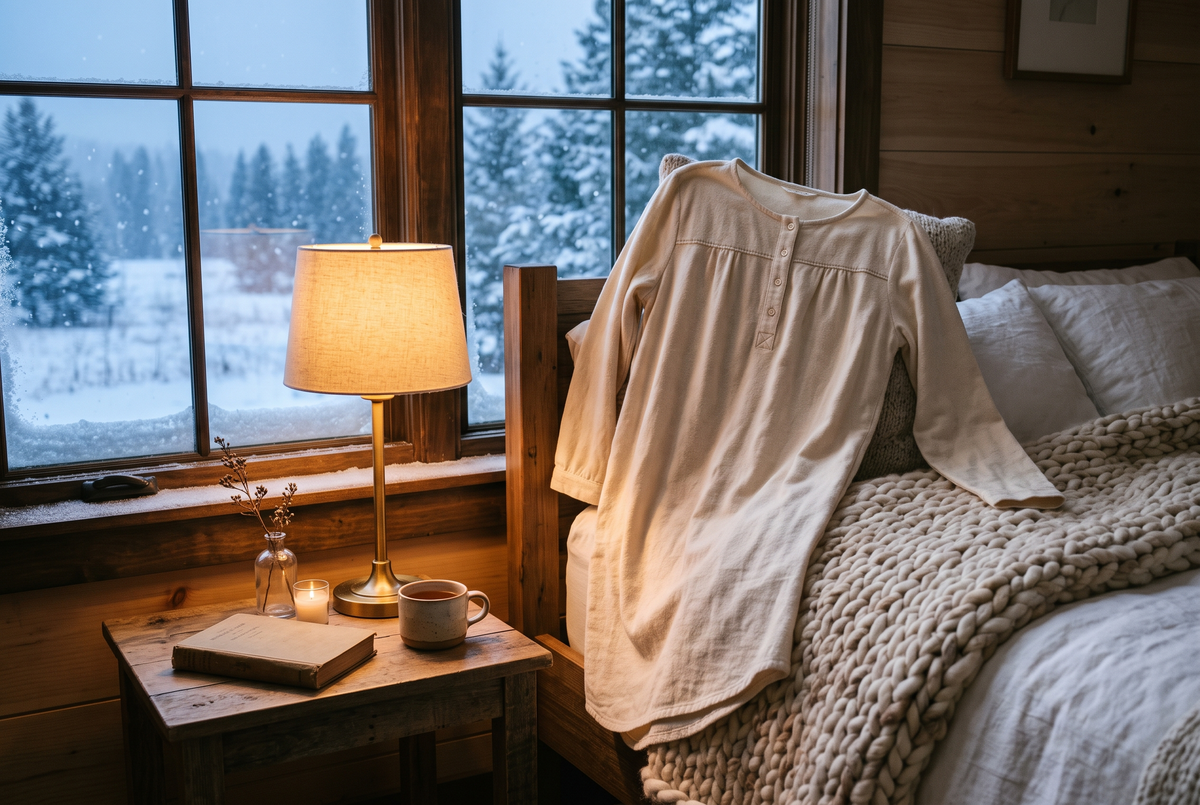 Chemise de nuit en flanelle crème à manches longues posée sur le bord d'un lit recouvert d'un plaid en grosse maille, neige visible par la fenêtre