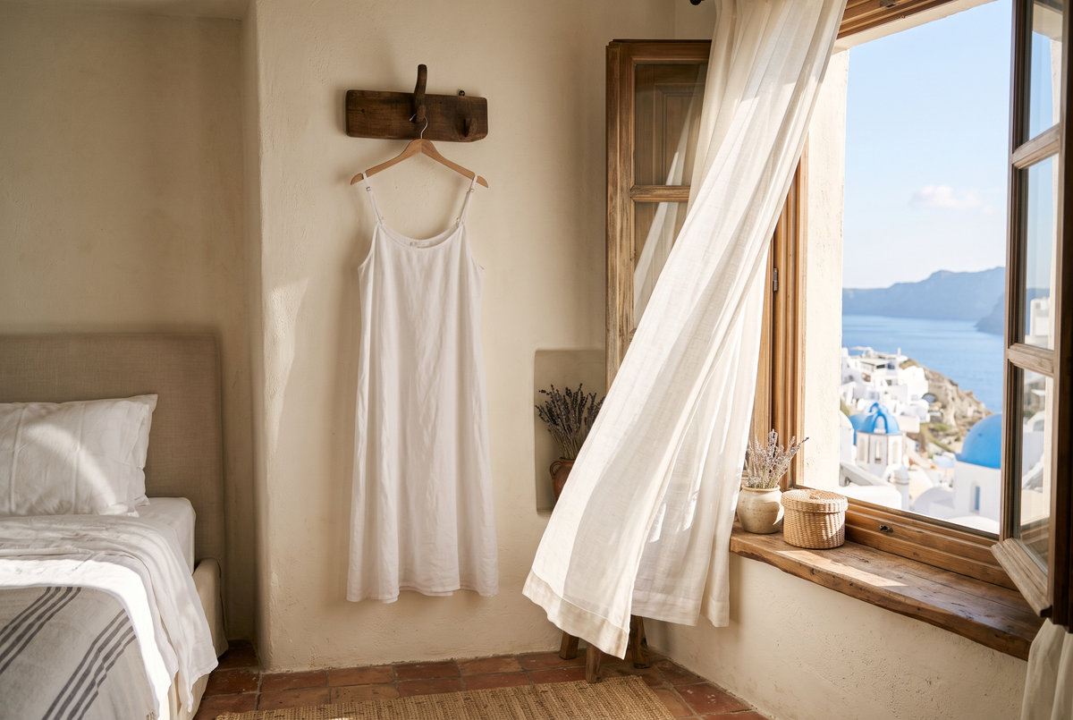 Chemise de nuit légère en lin blanc à fines bretelles suspendue près d'une fenêtre ouverte aux voilages soulevés par la brise d'été