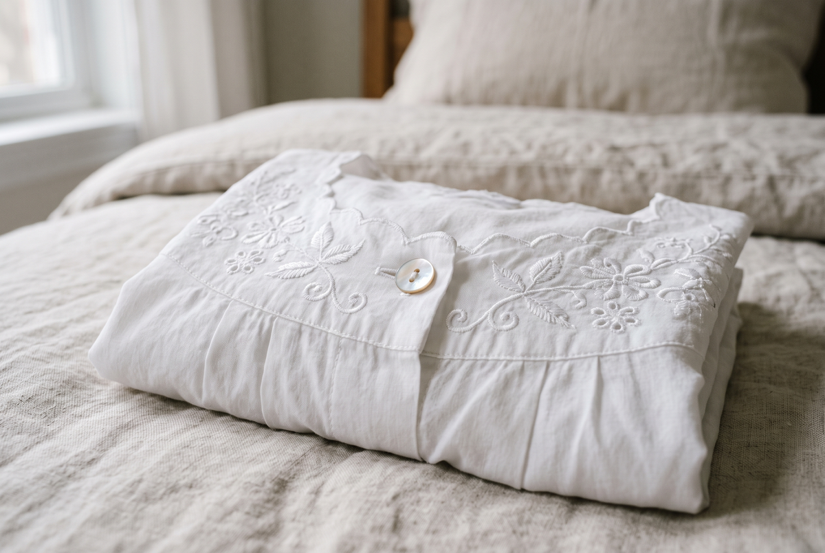 Détail d'une broderie blanche et d'un bouton nacré sur l'empiècement d'une chemise de nuit en batiste de coton blanc, posée sur un lit