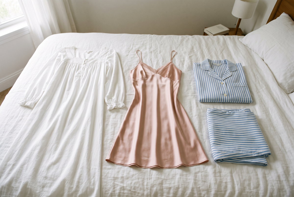 Une chemise de nuit longue en coton blanc, une nuisette courte en satin rose poudré et un pyjama rayé plié, disposés côte à côte sur un lit