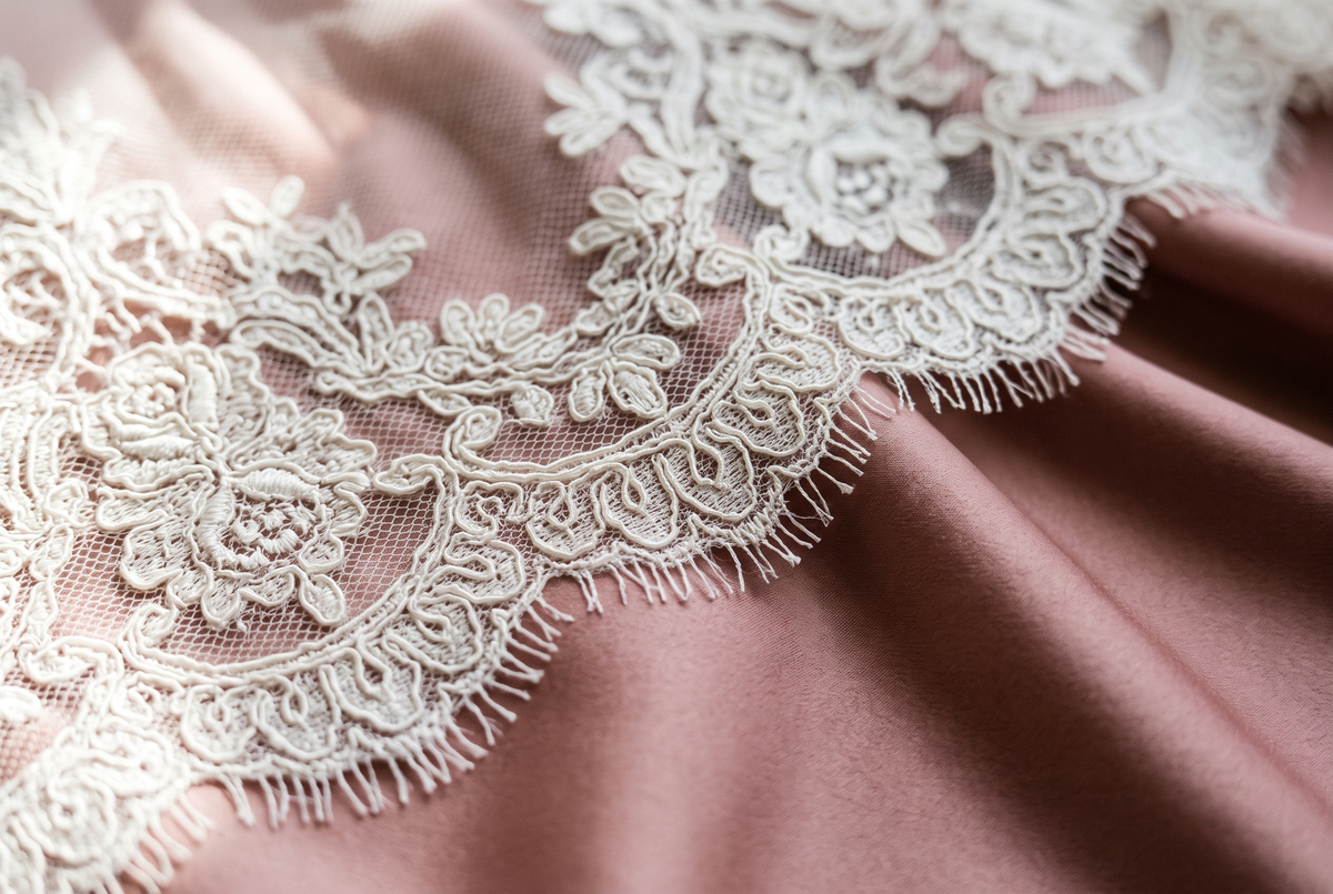 Gros plan sur une dentelle florale ivoire à bord festonné, posée sur un satin vieux rose éclairé par une lumière latérale douce