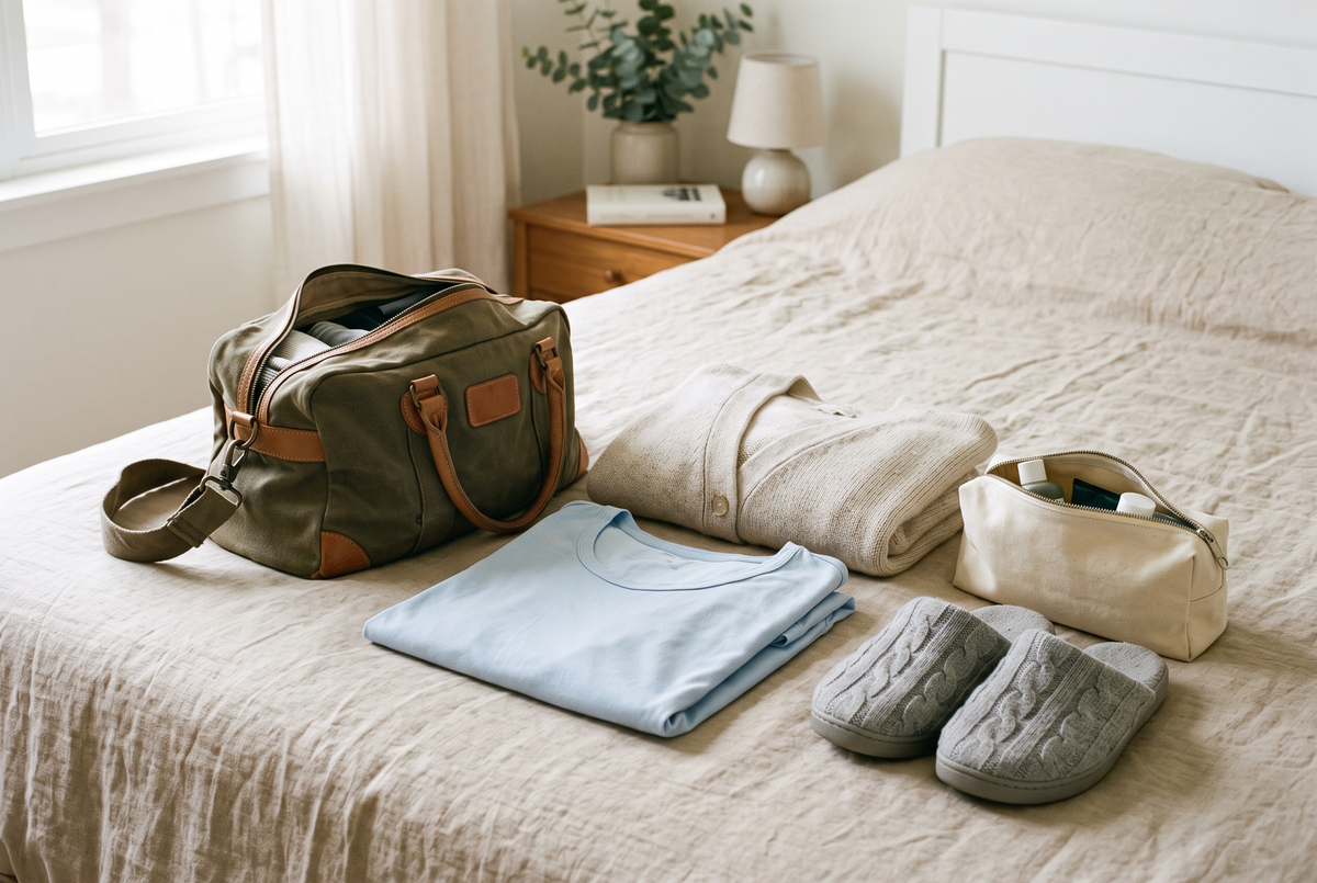 Petit sac de voyage préparé sur un couvre-lit avec une chemise de nuit en coton bleu pâle à manches courtes, un gilet léger, des chaussons antidérapants et une trousse