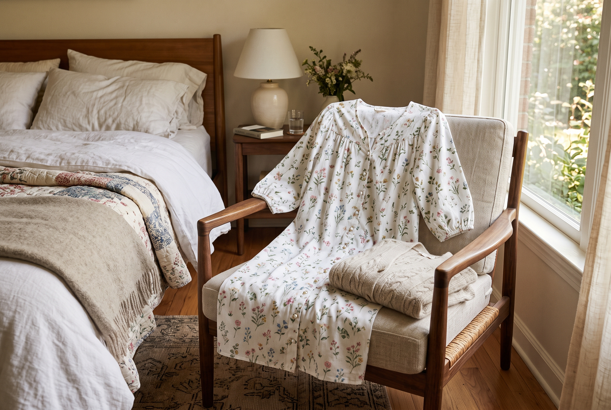 Chemise de nuit en coton à petites fleurs, boutonnée devant avec manches trois-quarts, posée sur un fauteuil près d'un lit