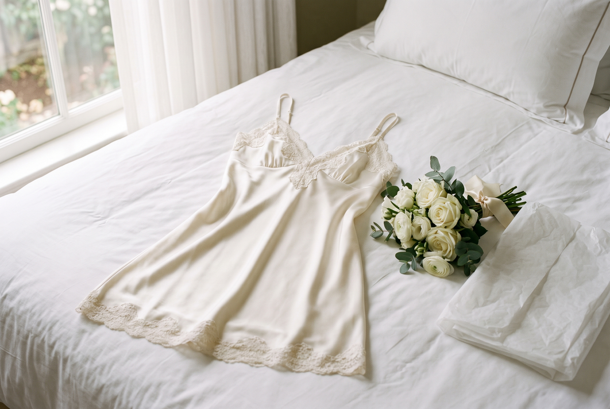 Nuisette ivoire en satin bordée de dentelle posée sur un lit blanc, à côté d'un petit bouquet de roses blanches et de papier de soie Image