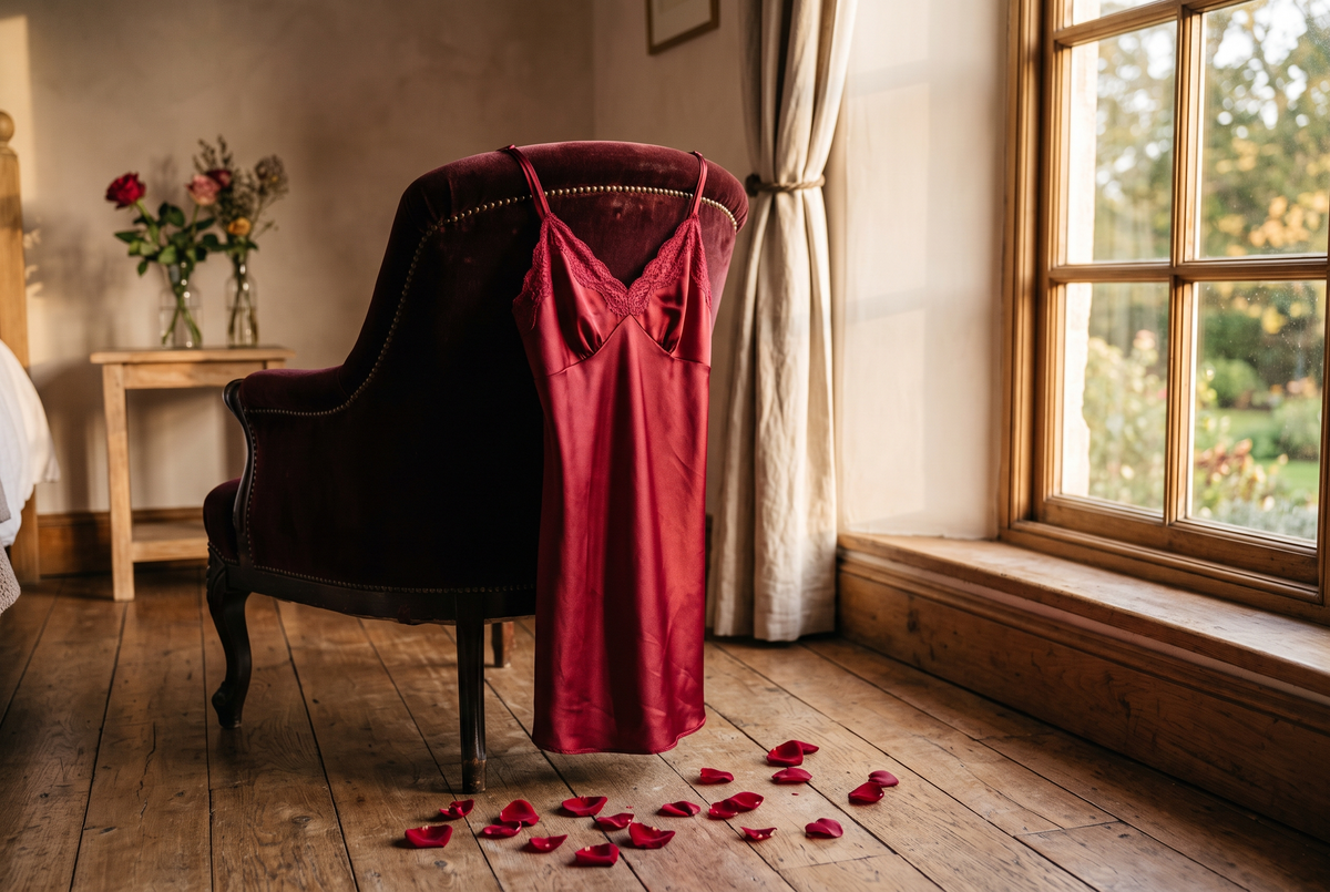 Nuisette rouge profond en satin drapée sur le dossier d'un fauteuil en velours, quelques pétales de rose sur le parquet Image