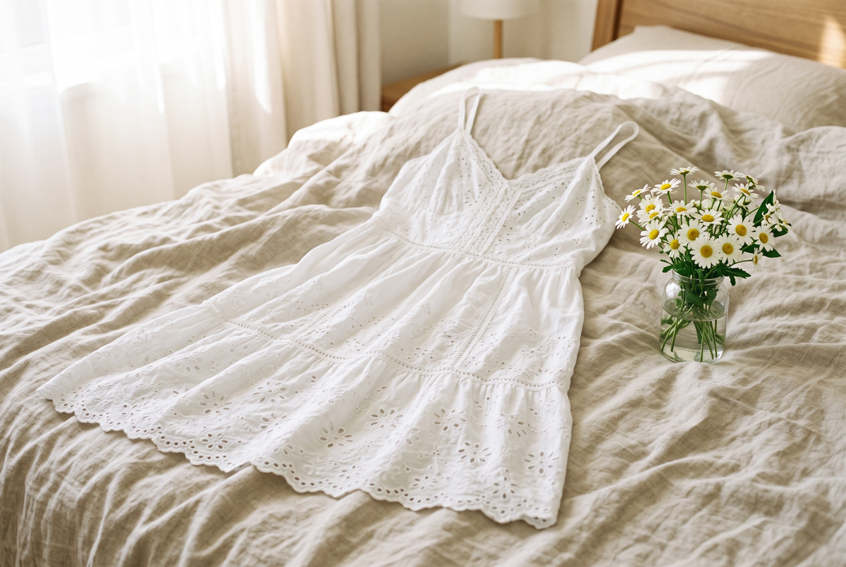 Nuisette blanche en coton brodé à fines bretelles, posée sur un couvre-lit en lin naturel à côté d'un petit bouquet de marguerites