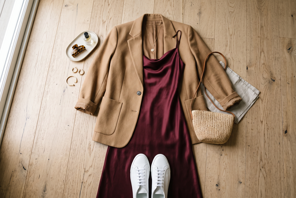 Robe nuisette en satin bordeaux associée à un blazer camel, des baskets blanches et un collier doré, disposés sur un parquet clair