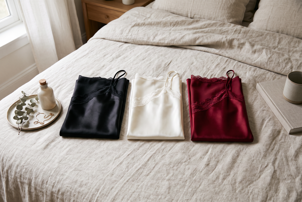 Trois nuisettes en satin pliées côte à côte sur un couvre-lit en lin clair : une noire, une blanc ivoire et une rouge profond Image