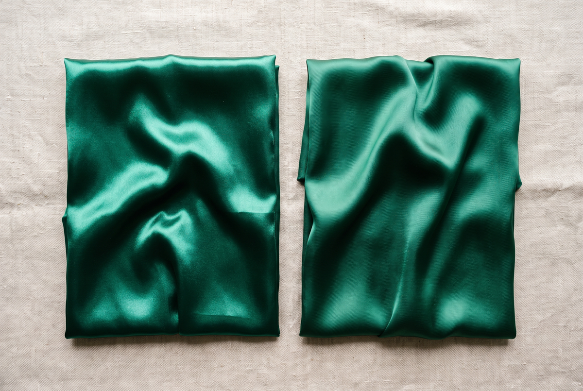Deux coupons de tissu vert émeraude côte à côte, un satin brillant et une soie au lustre plus doux, drapés sur un fond en lin clair