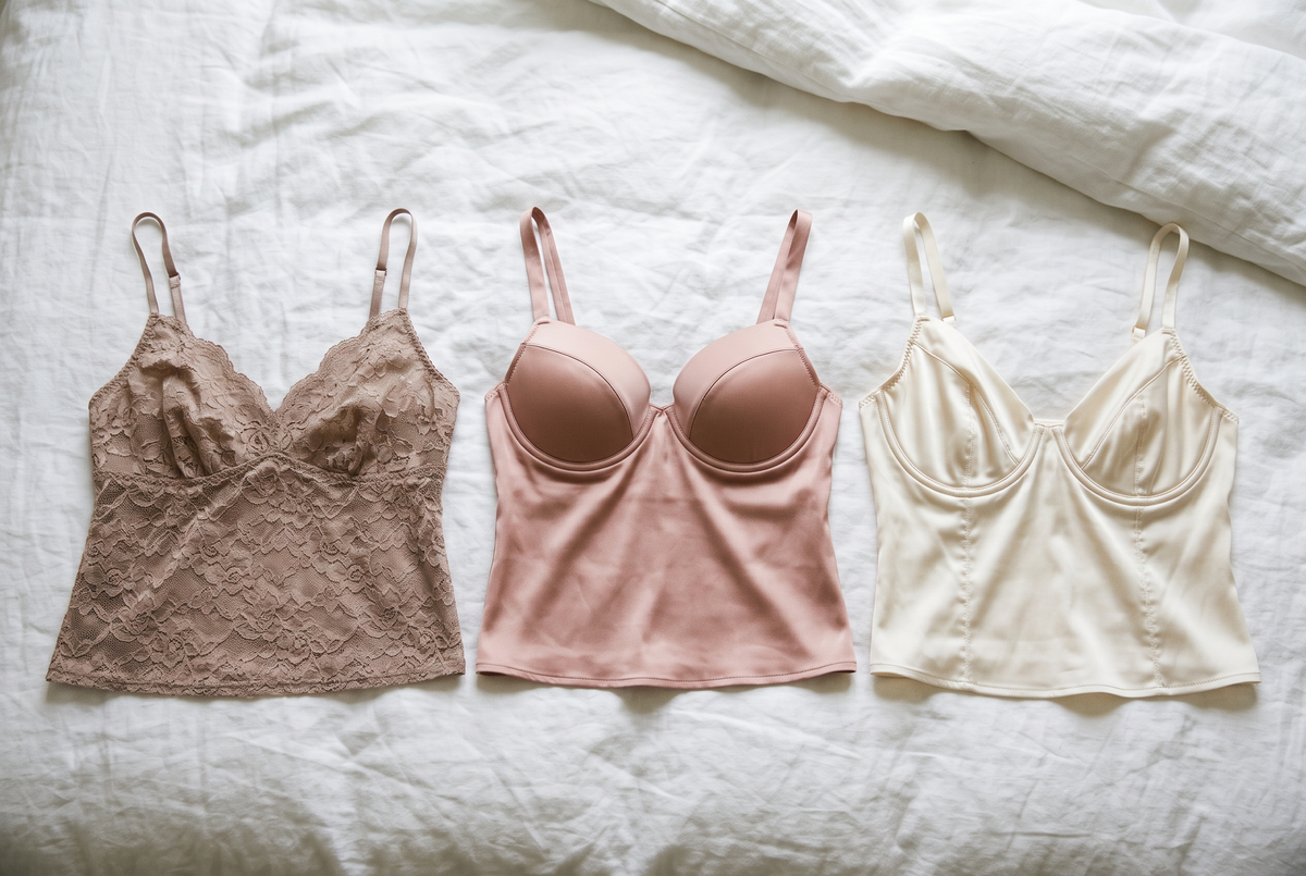 Trois hauts de nuisettes côte à côte sur une couette blanche : dentelle sans soutien, bonnets moulés et bonnets à armature
