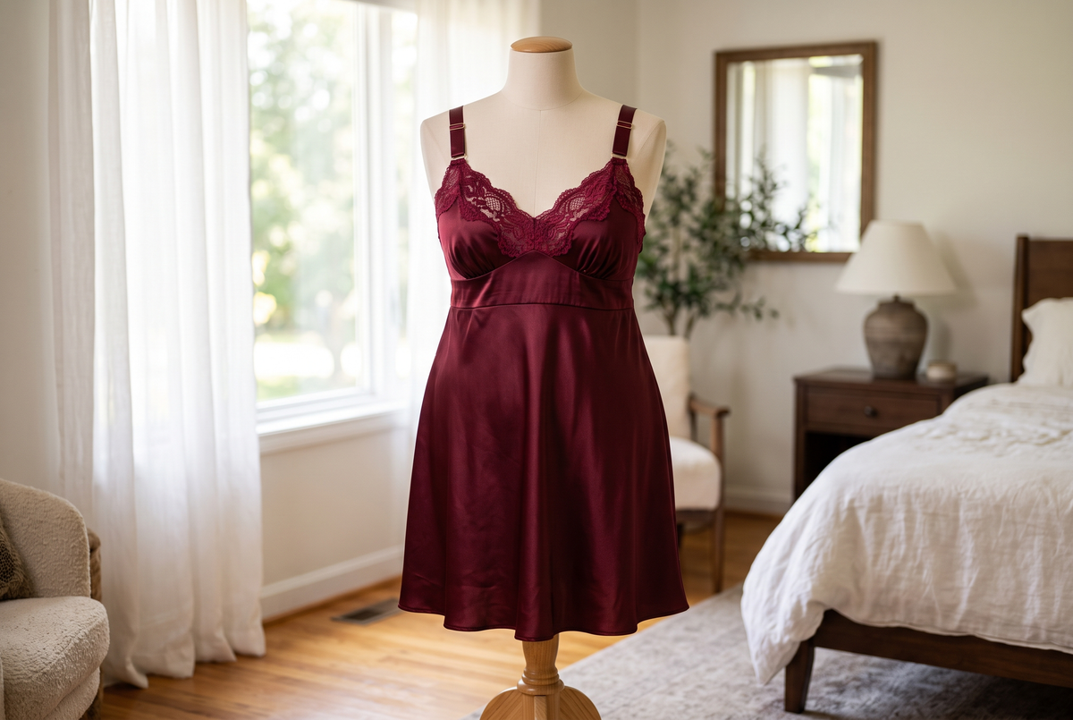 Nuisette grande taille en satin lie-de-vin à taille empire et larges bretelles, présentée sur un buste de couture dans une chambre lumineuse Image