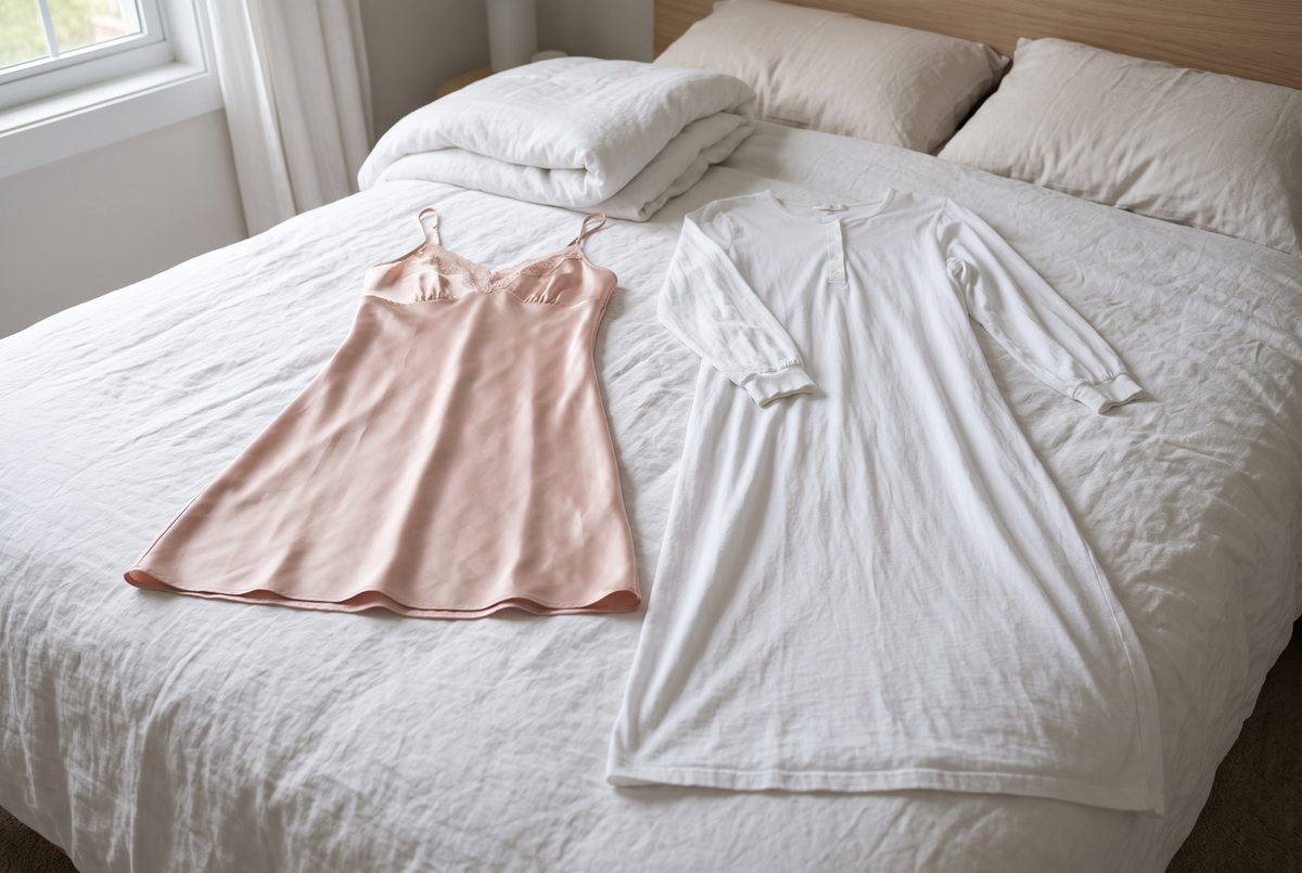 Une nuisette courte en satin rose poudré et une longue chemise de nuit en coton blanc à manches longues posées côte à côte sur un lit