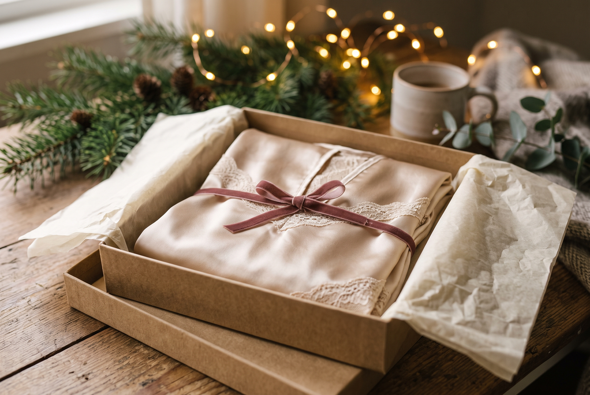 Nuisette en satin champagne pliée dans une boîte cadeau ouverte avec papier de soie et ruban de velours, branches de sapin en arrière-plan