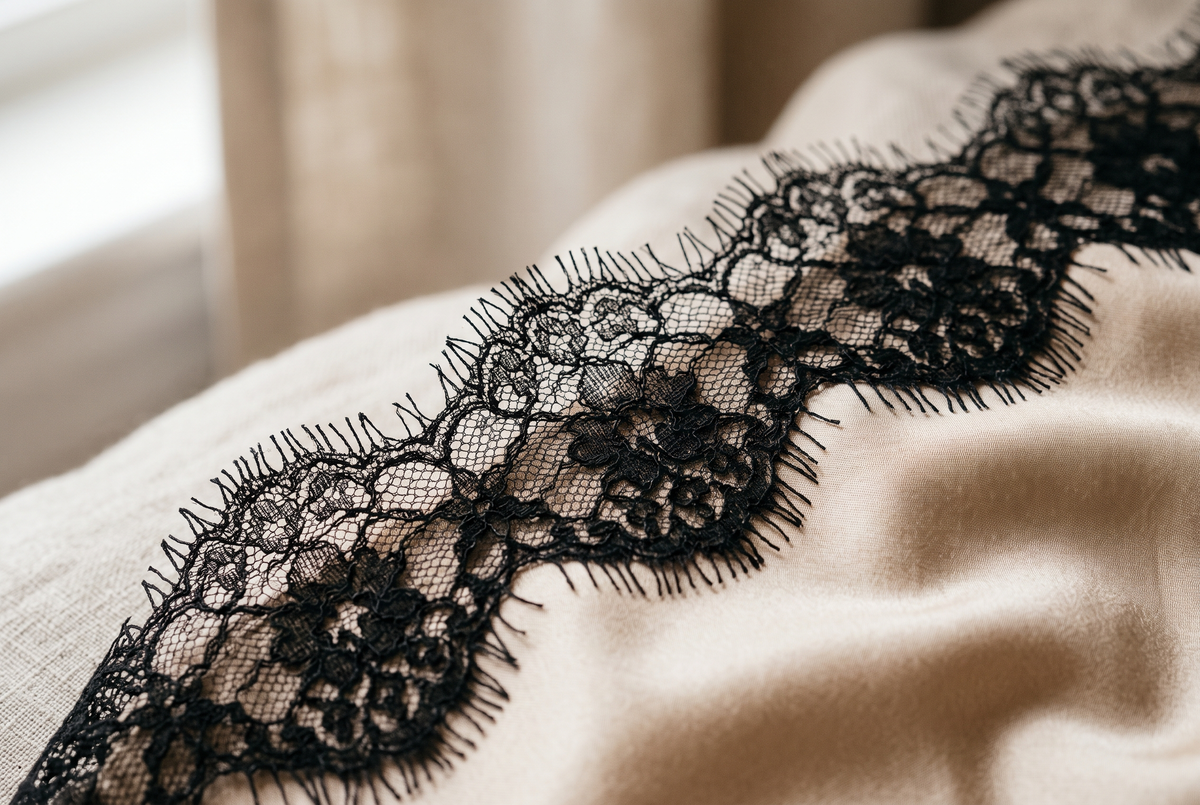 Gros plan sur une bordure de dentelle noire festonnée à motifs floraux cousue sur une nuisette en soie champagne