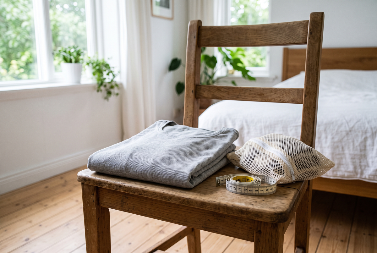 Nuisette en jersey de coton gris chiné pliée sur une chaise en bois, à côté d'un filet de lavage et d'un mètre ruban Image