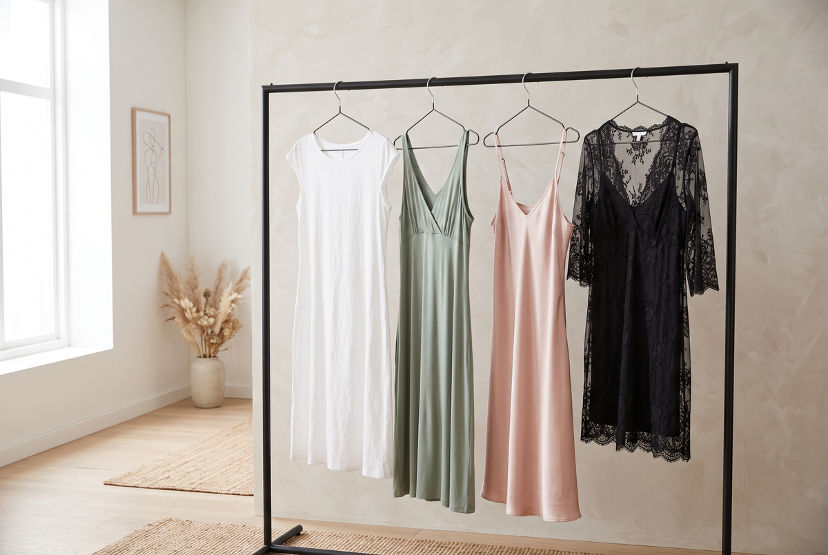 Quatre nuisettes de matières différentes, coton blanc, jersey vert sauge, satin rose poudré et dentelle noire, suspendues à un portant dans une pièce lumineuse Image