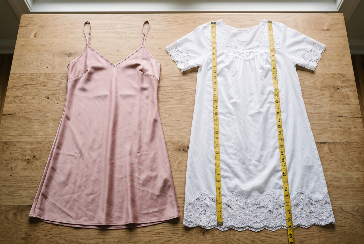 Deux chemises de nuit, l'une en satin vieux rose et l'autre en coton blanc bordé de dentelle, posées côte à côte avec un mètre ruban Image
