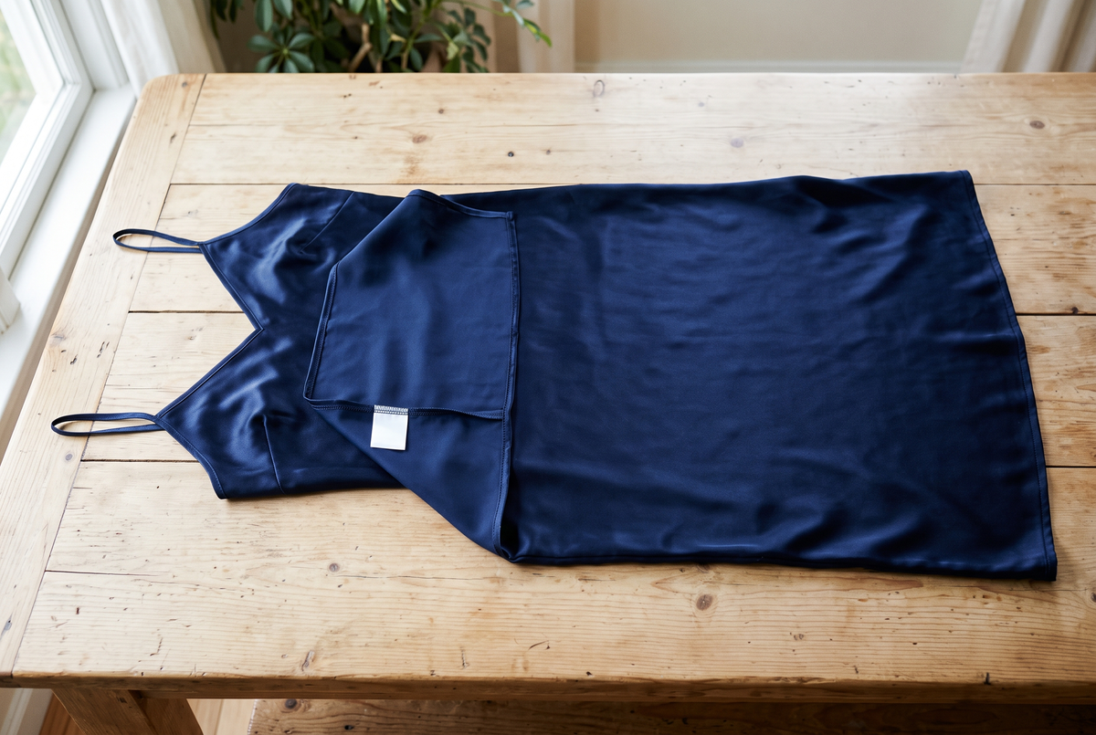 Mains examinant la couture intérieure et l'étiquette de composition d'une nuisette en satin bleu marine posée sur une table en bois clair