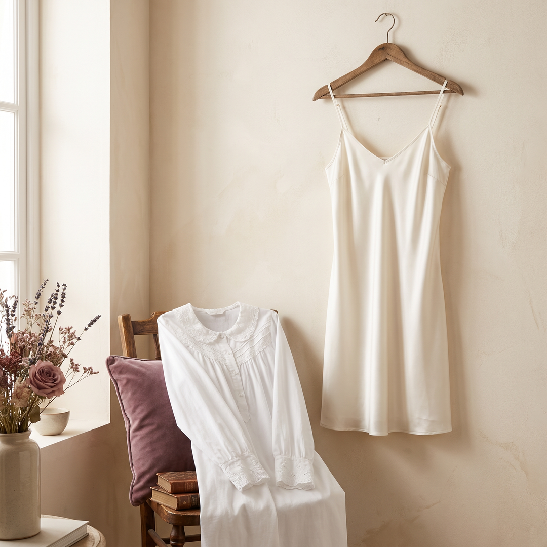 Nuisette en satin ivoire sur un cintre et chemise de nuit blanche à col dentelle sur une chaise