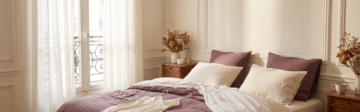 Chambre lumineuse avec une nuisette en satin ivoire et une chemise de nuit blanche posées sur le lit