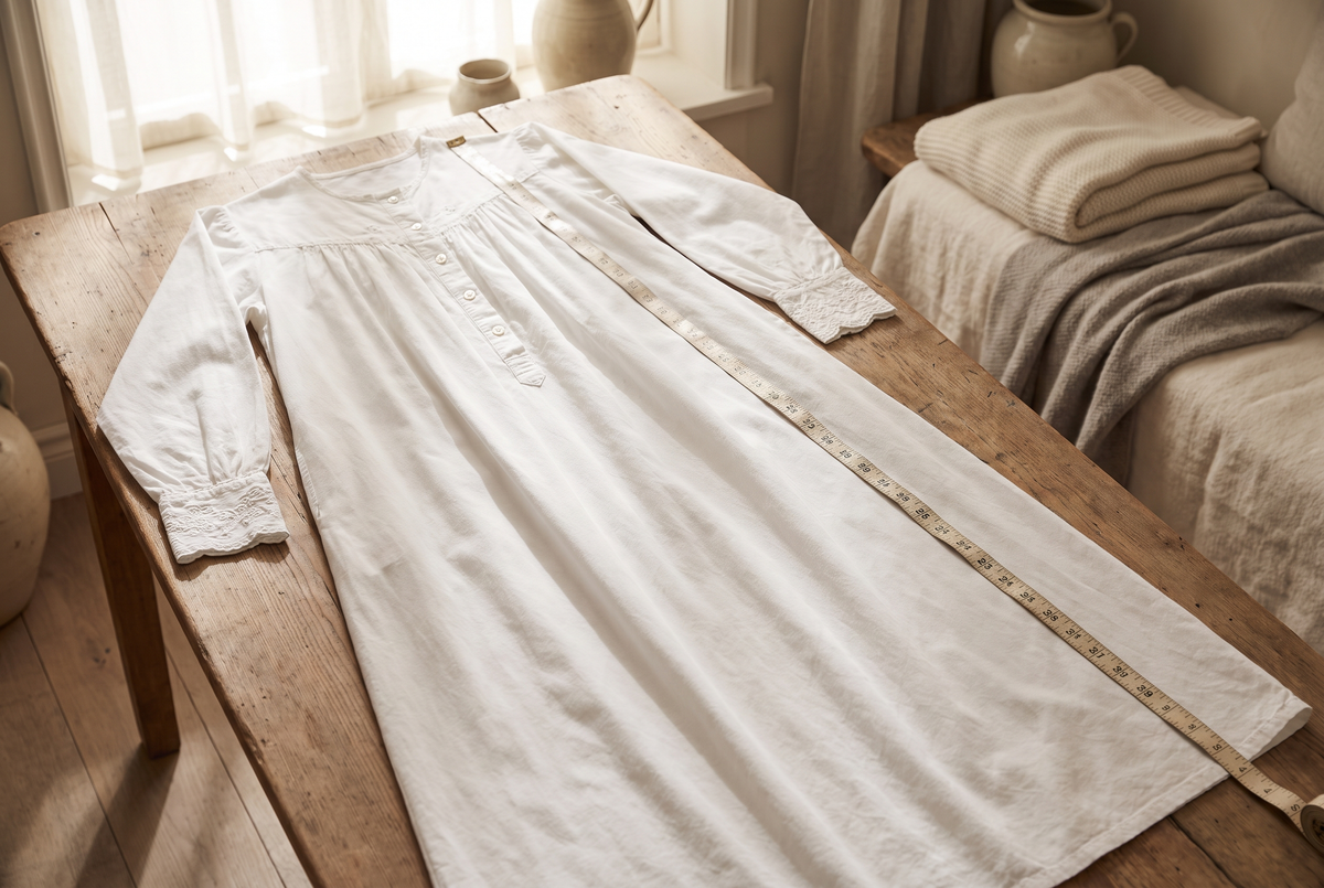 Chemise de nuit longue en coton blanc boutonnée devant, mesurée de l'épaule à l'ourlet avec un mètre de couturière Image