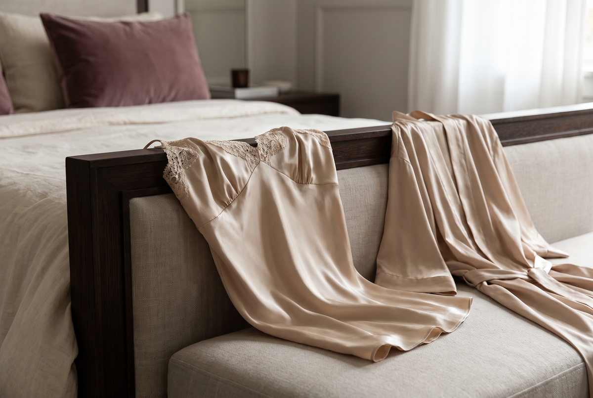Nuisette en satin champagne et kimono assorti drapés sur le bord d'un lit Image