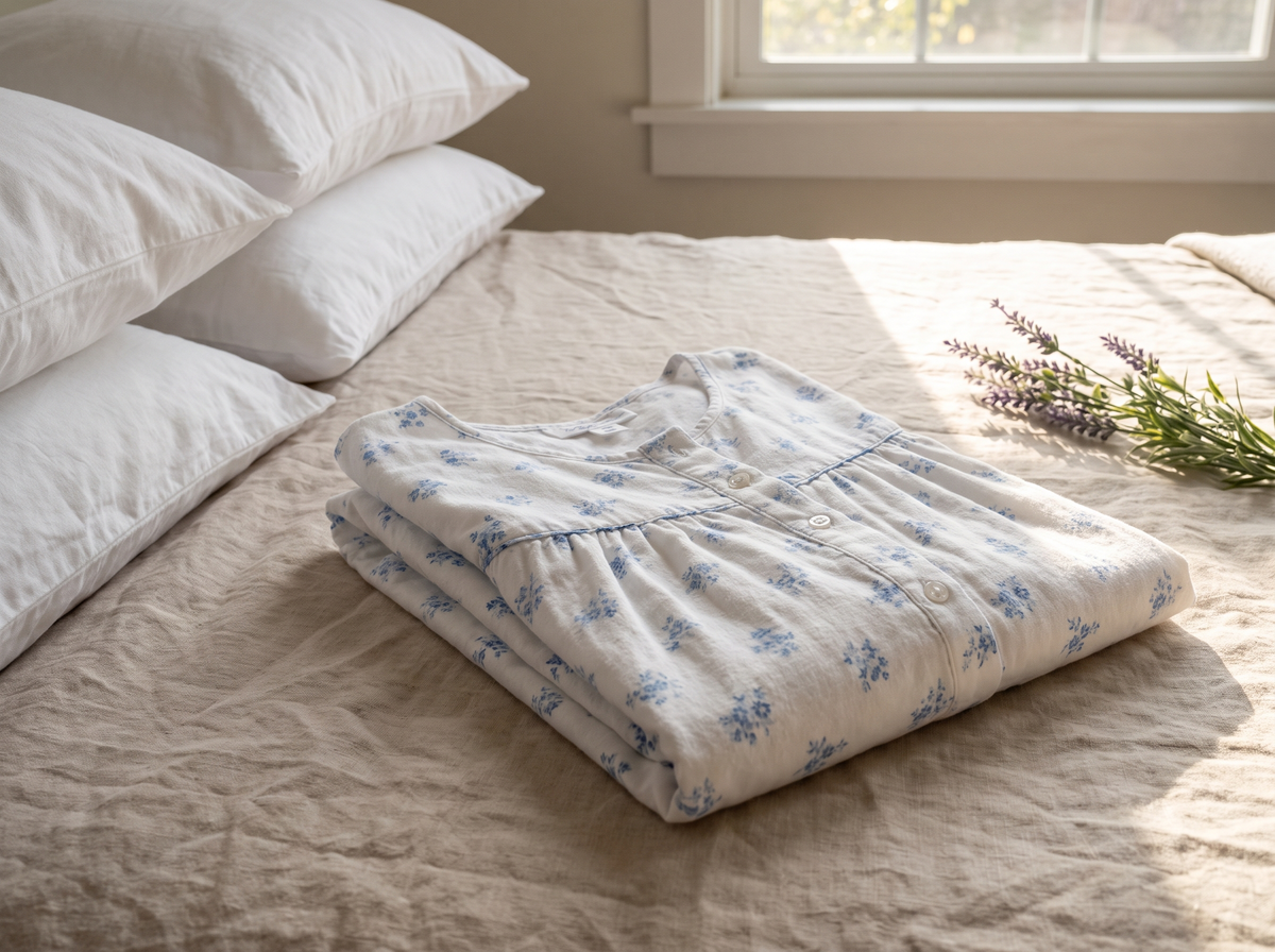 Chemise de nuit en coton blanc à fleurs bleues pliée sur un lit