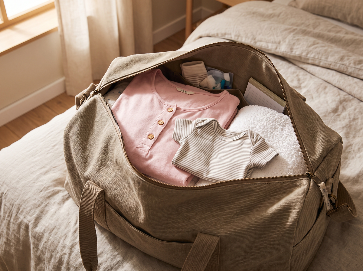 Valise de maternité avec une chemise de nuit d'allaitement boutonnée devant et un body de bébé