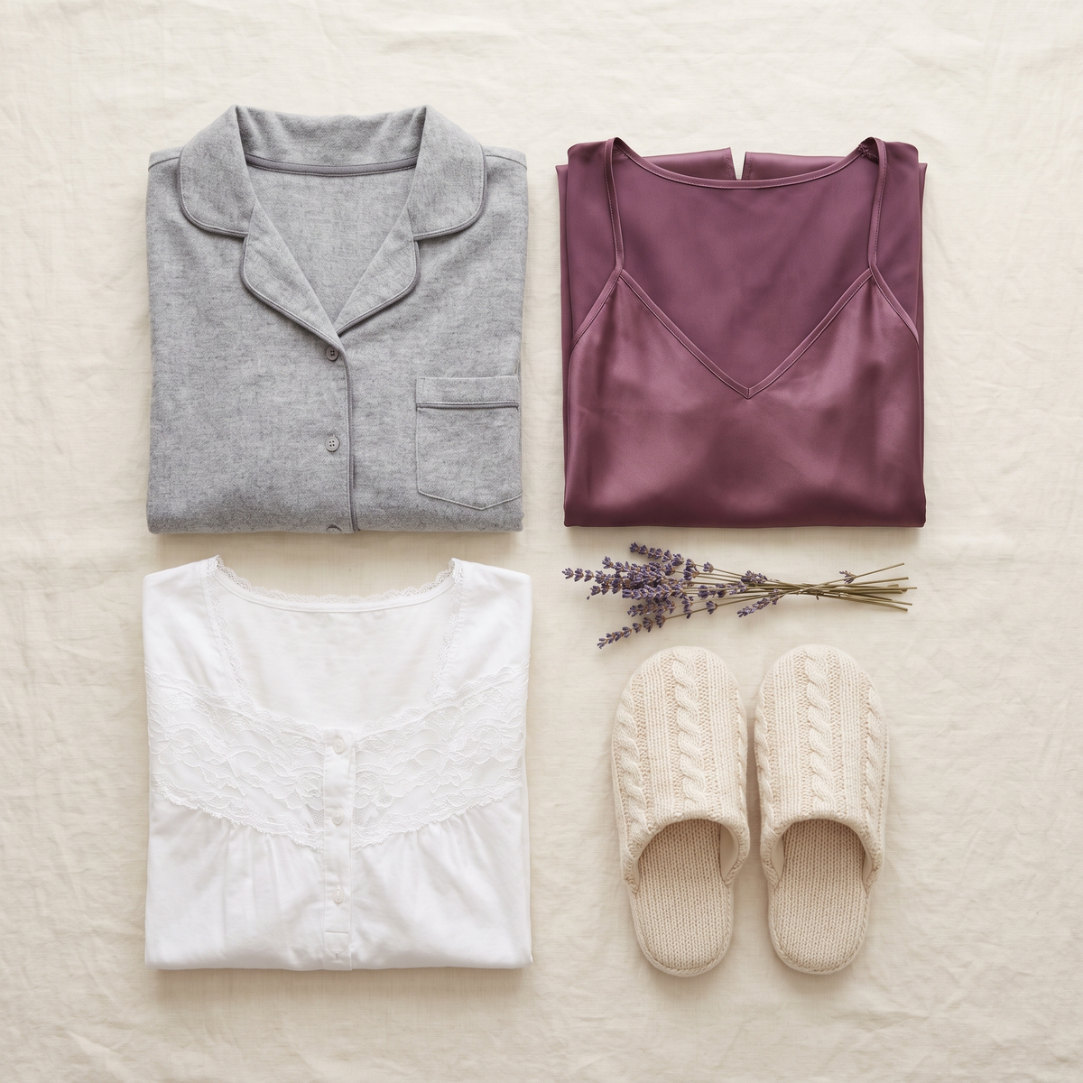 Sélection de vêtements de nuit femme pliés : flanelle grise, satin prune, coton blanc à dentelle et chaussons Image